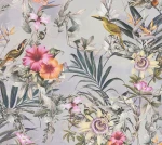 Tapeta 38178-2 Dream Flowery AS Creation Tapeta wzór w egzotyczne kwiaty i ptaki – Szary, Zielony, Różowy