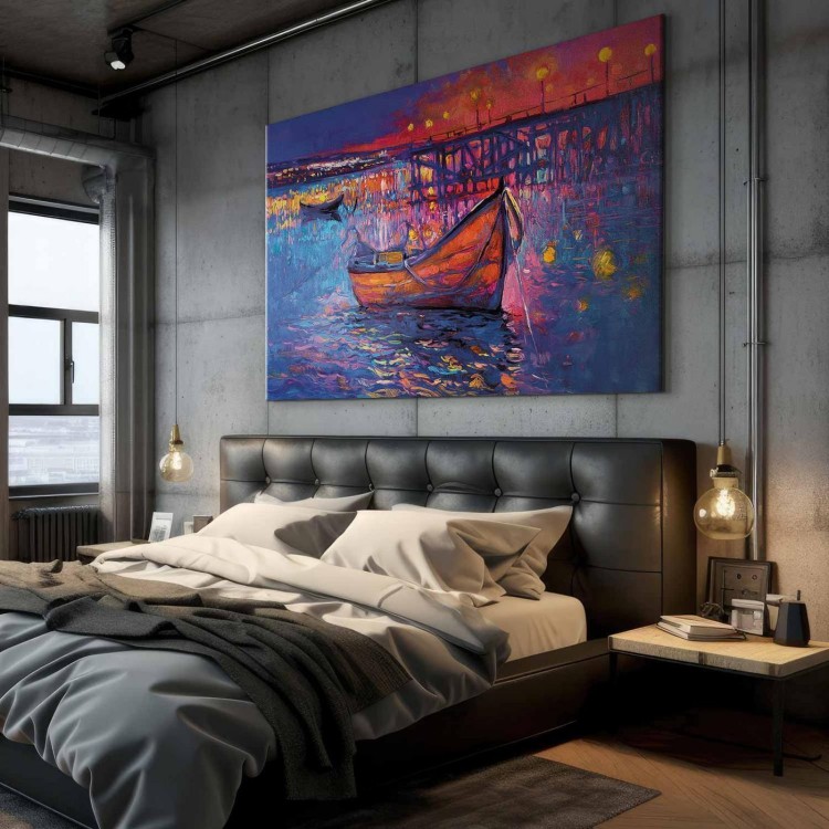 Obraz XXL - Nowoczesny impresjonizm - nocny krajobraz jeziora z pływającą łódką