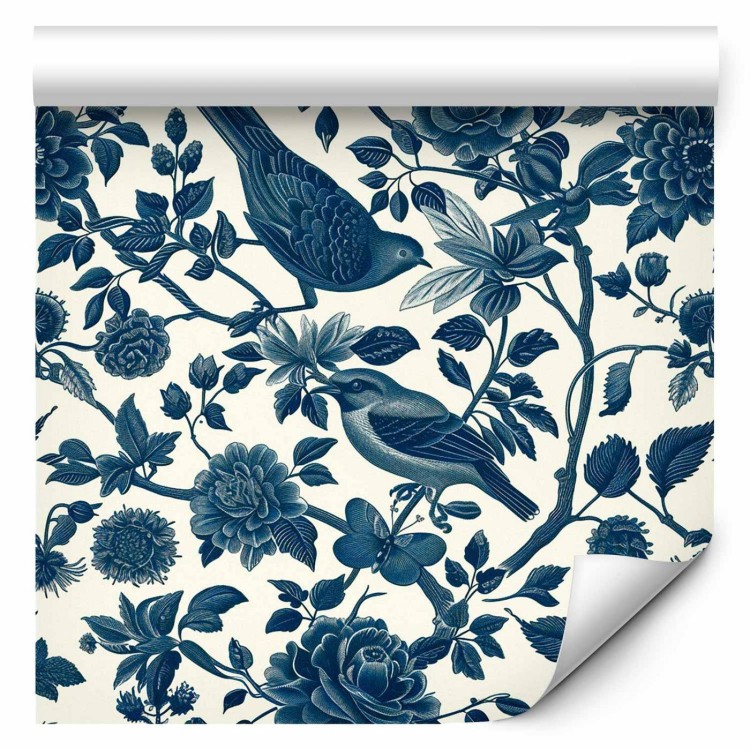 Tapeta - Ptaki i róże - monochromatyczny niebieski wzór z botanicznym motywem