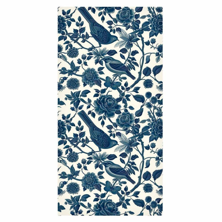 Tapeta - Ptaki i róże - monochromatyczny niebieski wzór z botanicznym motywem