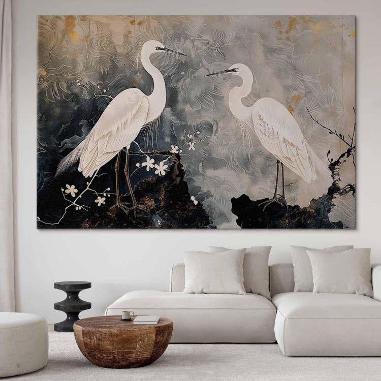 Obraz XXL - Czaple i kwiat wiśni - ilustracja w orientalnym stylu przedstawiająca ptaki