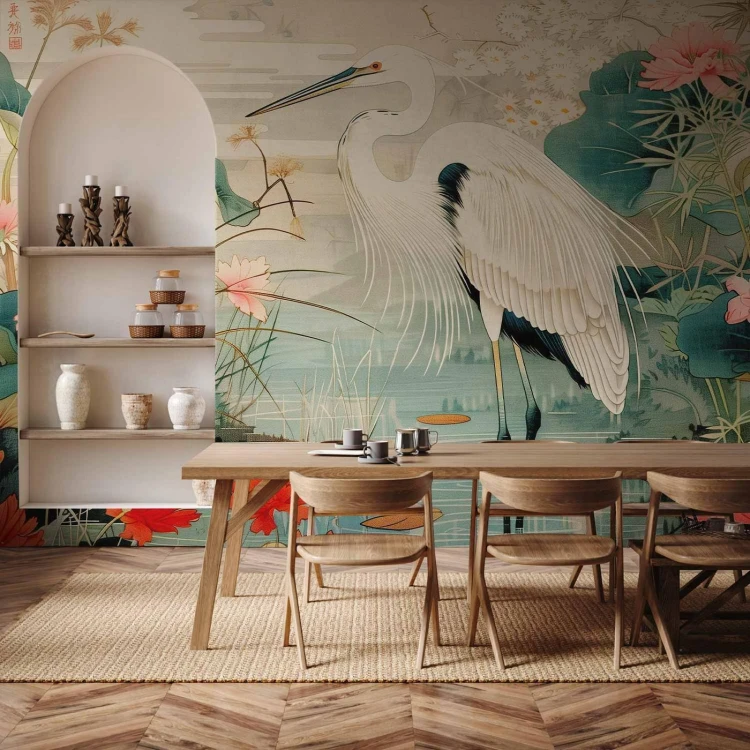 Fototapeta - Nad azjatyckim stawem - ilustracja w stylu japońskiej ryciny, przedstawiająca czaplę