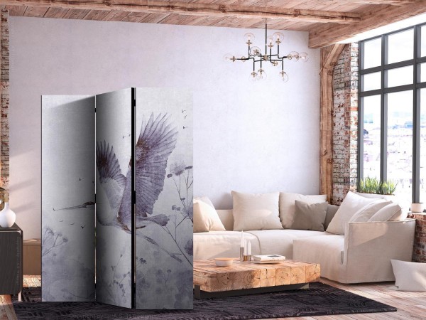 Parawan - Majestatyczny lot - żuraw w locie w monochromatycznej, chłodnej kolorystyce