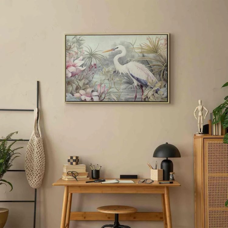 Obraz - Czapla brodząca w stawie - ilustracja w jasnej kolorystyce