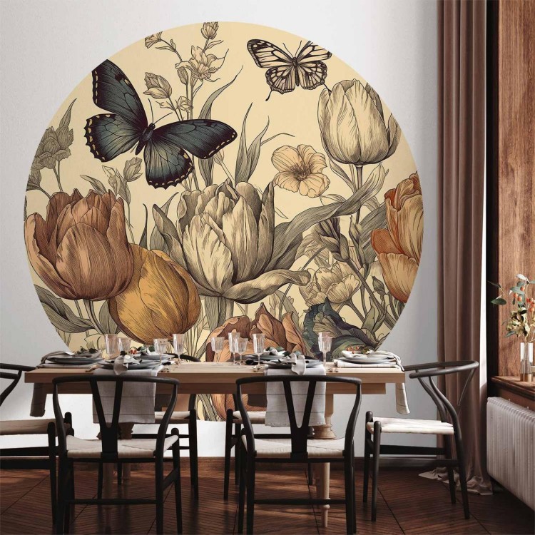 Fototapeta okrągła - Kolorowe tulipany na kremowym tle