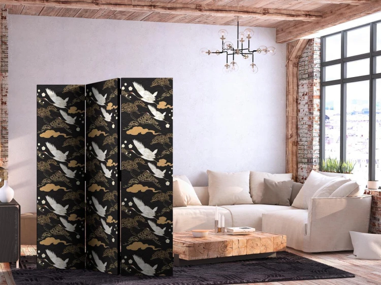 Parawan - Orientalne impresje - dekoracyjny wzór z motywem lecących żurawi na ciemnym tle