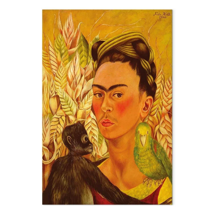 Obraz - Frida Kahlo – Autoportret z małpą i papugą