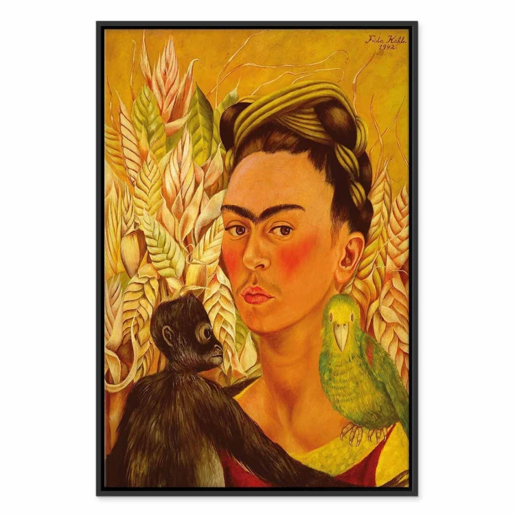 Obraz - Frida Kahlo – Autoportret z małpą i papugą