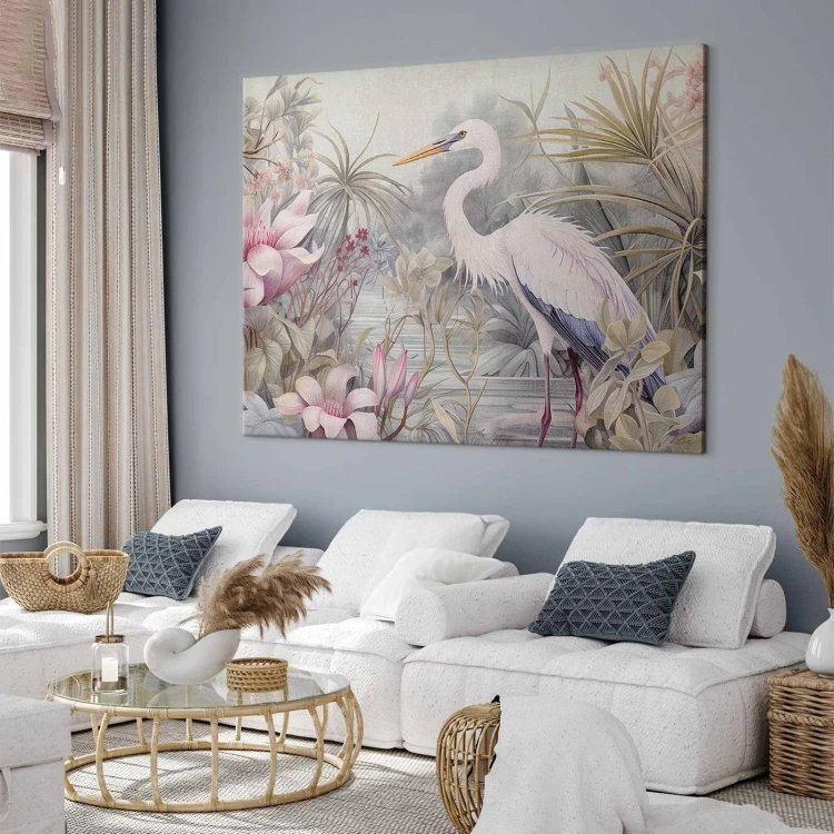 Obraz XXL - Czapla brodząca w stawie - ilustracja w jasnej kolorystyce