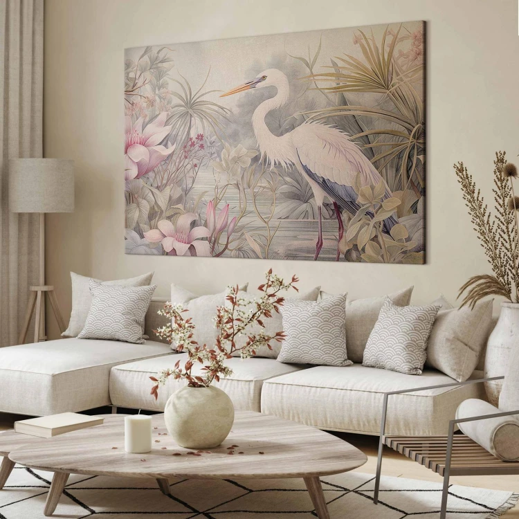 Obraz XXL - Czapla brodząca w stawie - ilustracja w jasnej kolorystyce