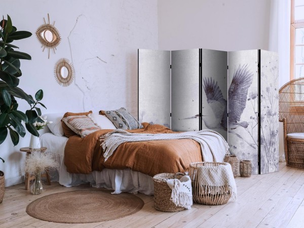 Parawan - Majestatyczny lot - żuraw w locie w monochromatycznej, chłodnej kolorystyce