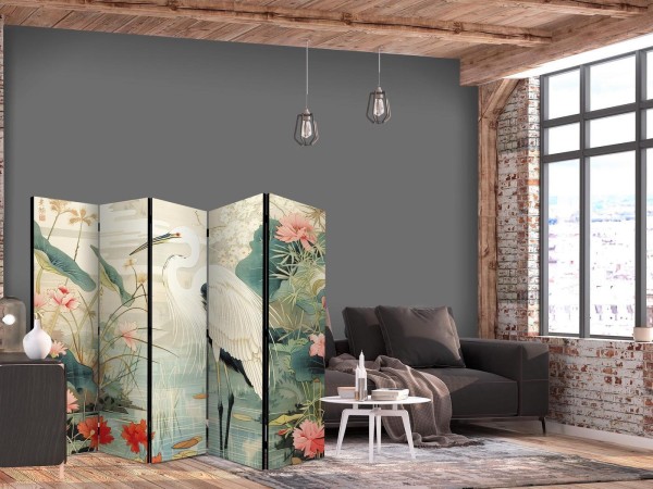 Parawan - Nad azjatyckim stawem - ilustracja w stylu japońskiej ryciny, przedstawiająca czaplę