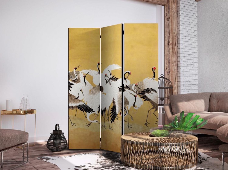 Parawan - Japońskie żurawie - stado ptaków na tle w odcieniu złota na podstawie obrazu Ishida Yūtei