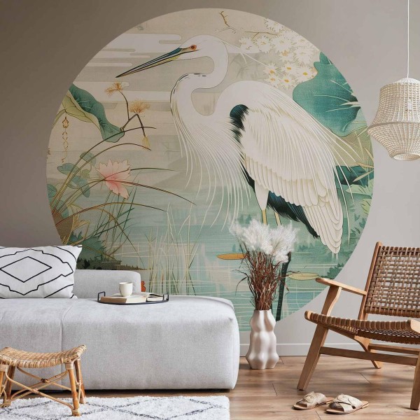 Fototapeta okrągła - Nad azjatyckim stawem - ilustracja w stylu japońskiej ryciny, przedstawiająca czaplę