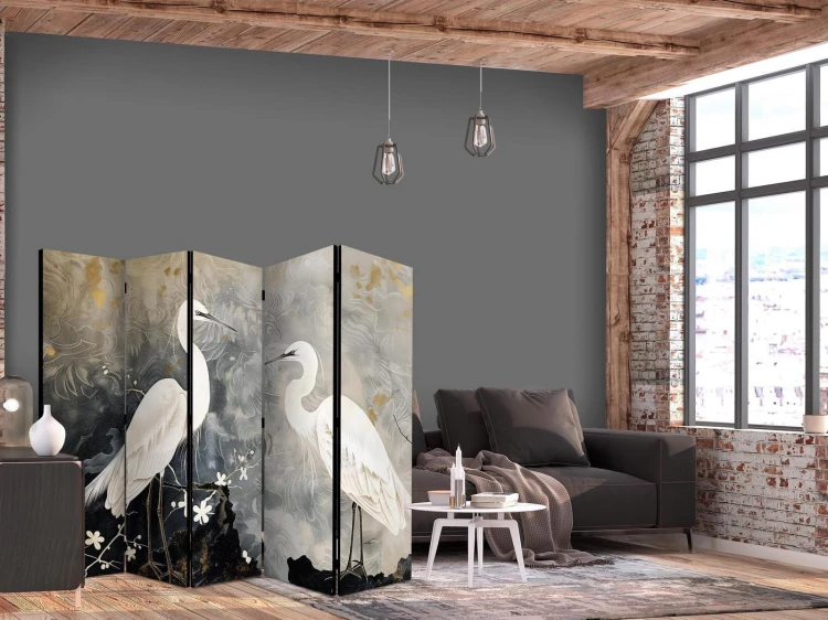 Parawan - Czaple i kwiat wiśni - ilustracja w orientalnym stylu przedstawiająca ptaki