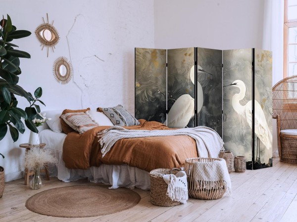 Parawan - Czaple i kwiat wiśni - ilustracja w orientalnym stylu przedstawiająca ptaki