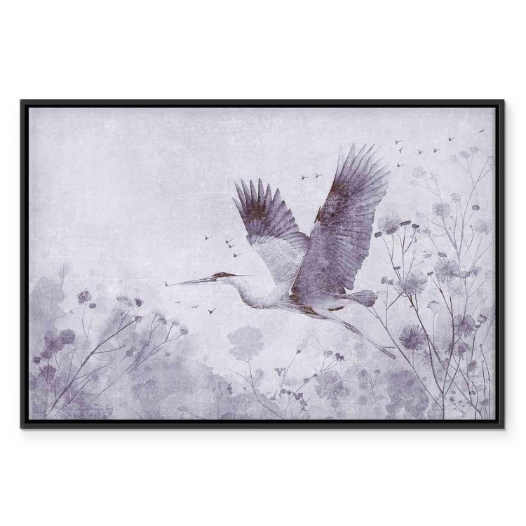 Obraz - Majestatyczny lot - żuraw w locie w monochromatycznej, chłodnej kolorystyce