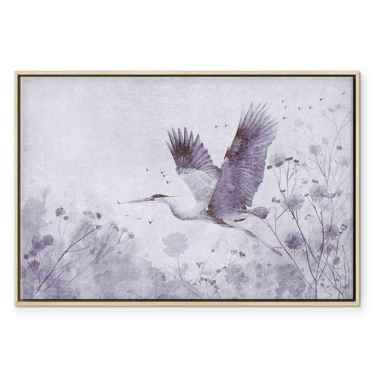 Obraz - Majestatyczny lot - żuraw w locie w monochromatycznej, chłodnej kolorystyce