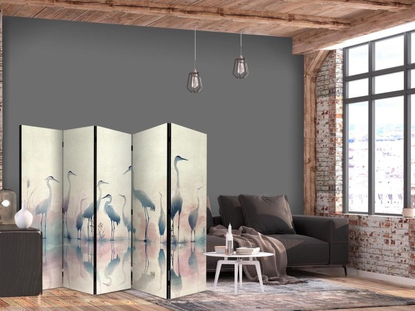 Parawan - Ptaki nad jeziorem - czaple malowane akwarelą w delikatnej, szaro-różowej kolorystyce