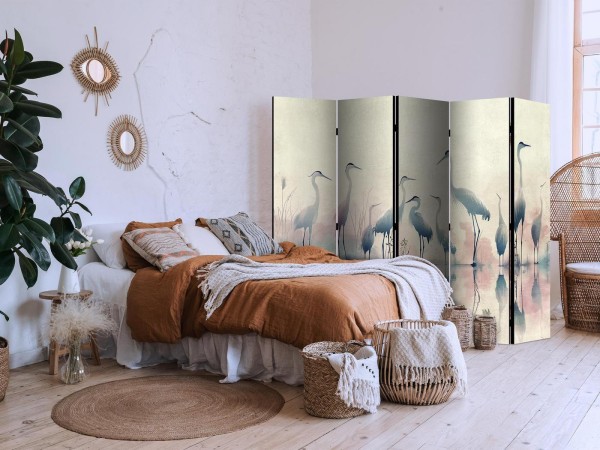 Parawan - Ptaki nad jeziorem - czaple malowane akwarelą w delikatnej, szaro-różowej kolorystyce