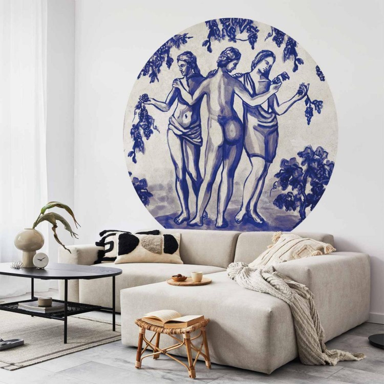 Fototapeta okrągła - Antyczna winnica - trzy kobiety w portalu malowane niebieskim tuszem