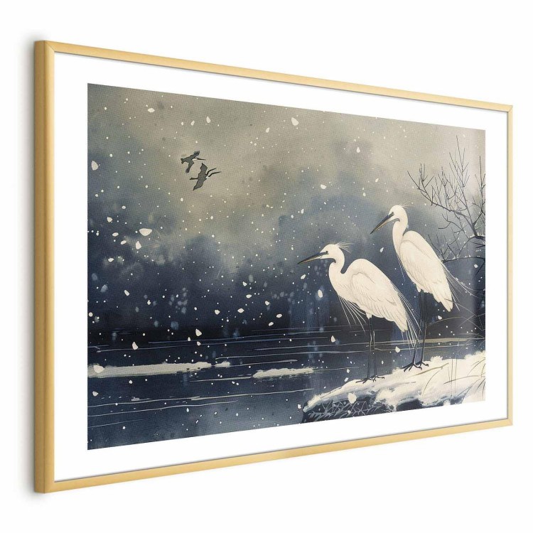 Plakat - Czaple nad zimowym stawem - ilustracja w stylu japońskiego w ciemnej kolorystyce