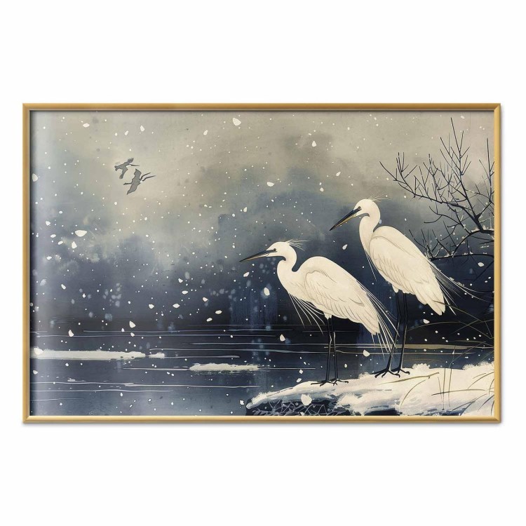 Plakat - Czaple nad zimowym stawem - ilustracja w stylu japońskiego w ciemnej kolorystyce