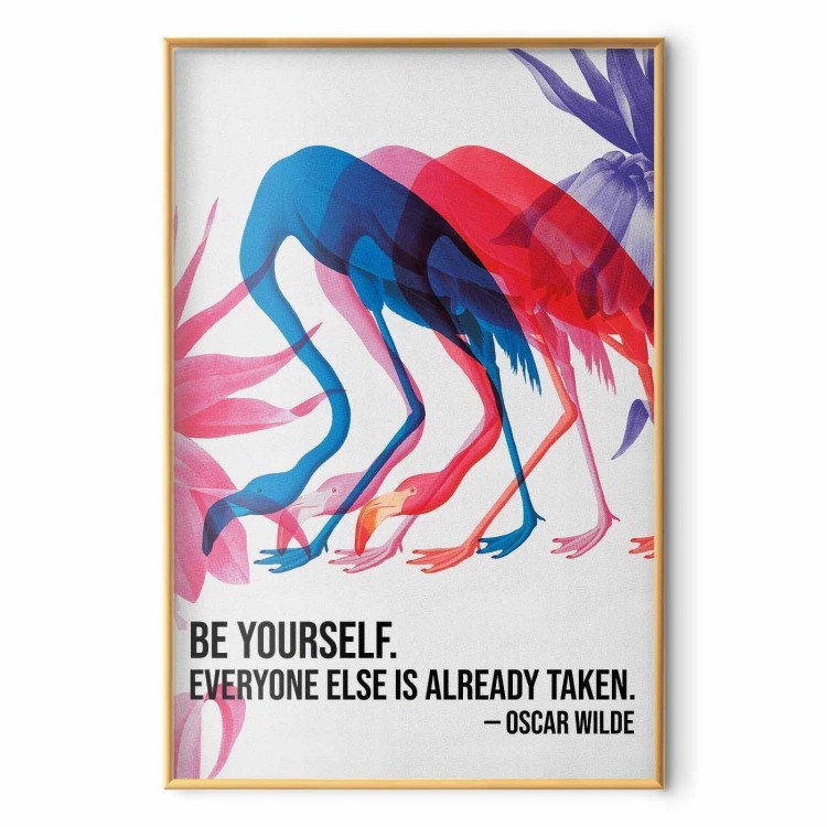 Plakat - Kolorowa repetycja - trzy sylwetki flamingów i inspirującym cytatem