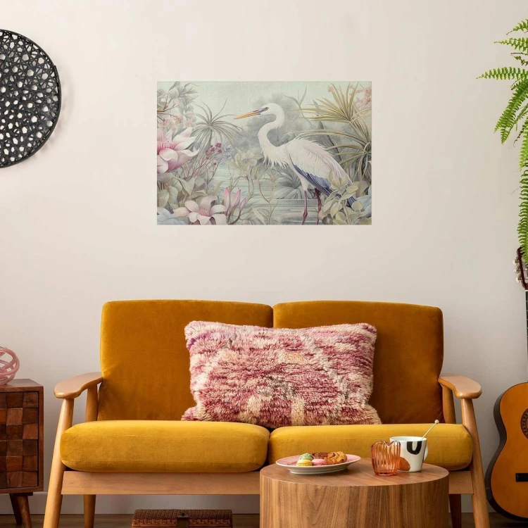 Plakat - Czapla brodząca w stawie - ilustracja w jasnej kolorystyce