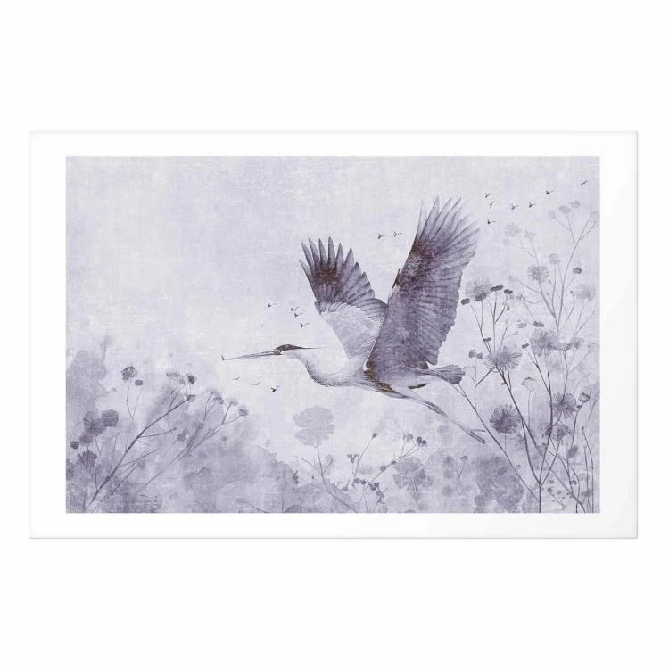 Plakat - Majestatyczny lot - żuraw w locie w monochromatycznej chłodnej kolorystyce