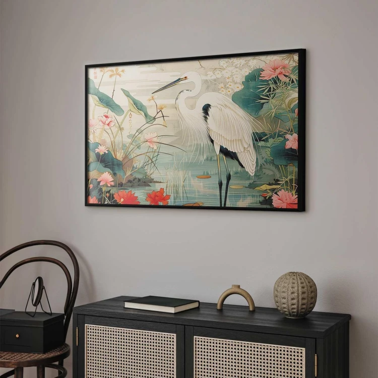 Plakat - Nad azjatyckim stawem - ilustracja w stylu japońskiej ryciny przedstawiająca czaplę