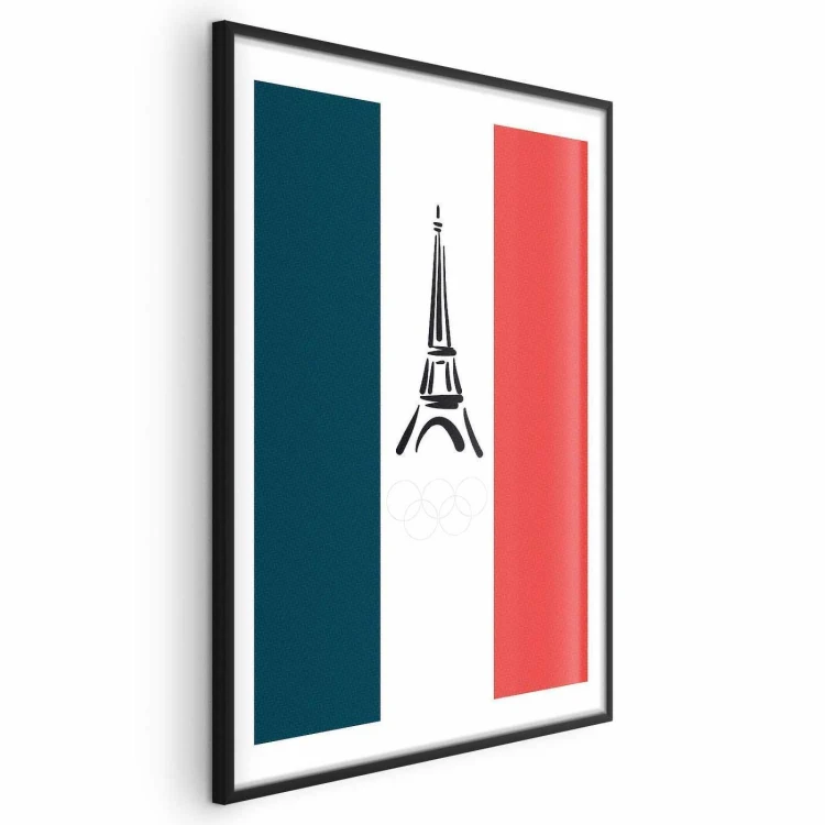 Plakat - Graficzna wieża Eiffla na tle flagi Francji