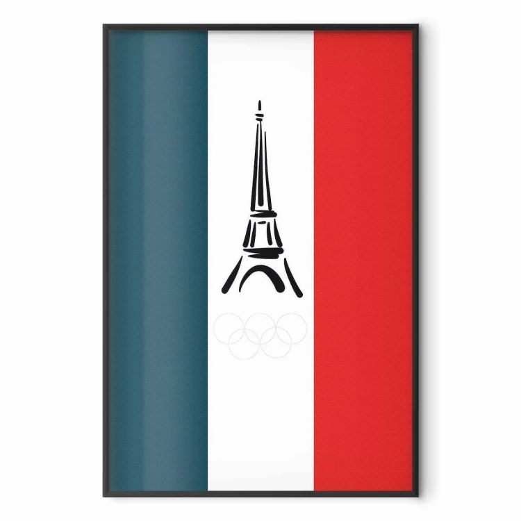 Plakat - Graficzna wieża Eiffla na tle flagi Francji