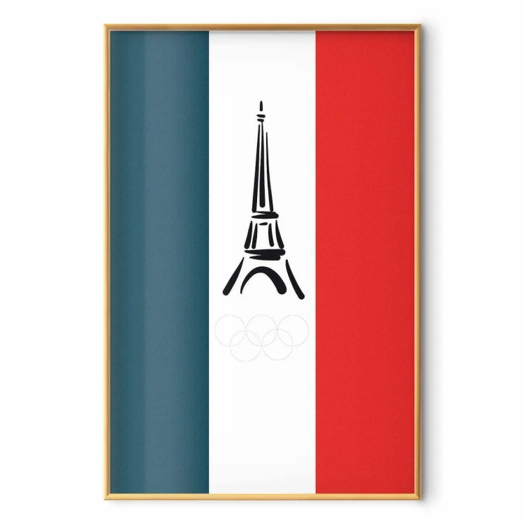 Plakat - Graficzna wieża Eiffla na tle flagi Francji
