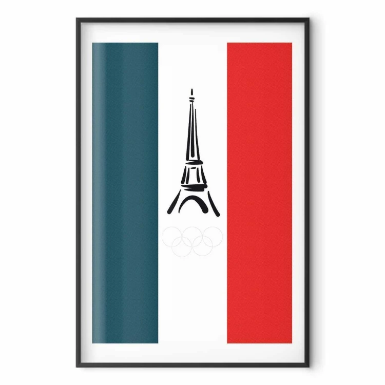 Plakat - Graficzna wieża Eiffla na tle flagi Francji