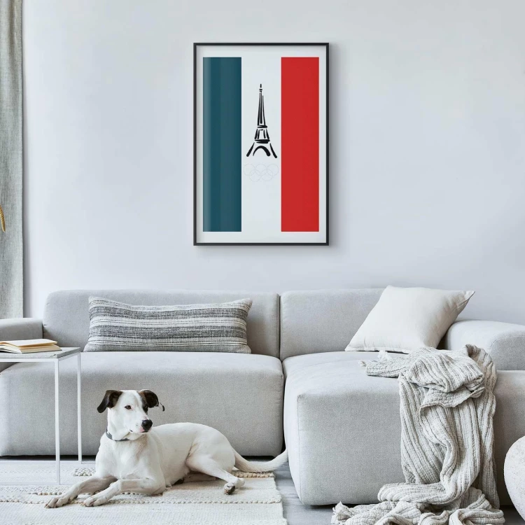 Plakat - Graficzna wieża Eiffla na tle flagi Francji
