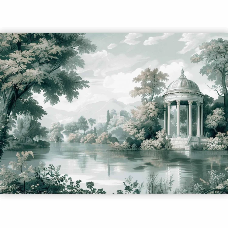 Fototapeta - Widok na park i jezioro retro vintage pejzaż w zieleniach
