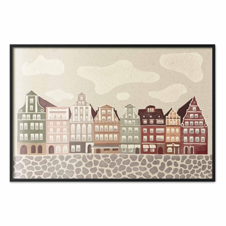 Plakat - Kolorowe Fasady - zabytkowe wrocławskie kamienice na tle nieba i brukowanej uliczki