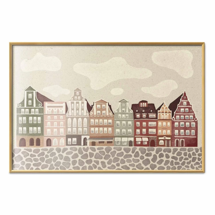 Plakat - Kolorowe Fasady - zabytkowe wrocławskie kamienice na tle nieba i brukowanej uliczki