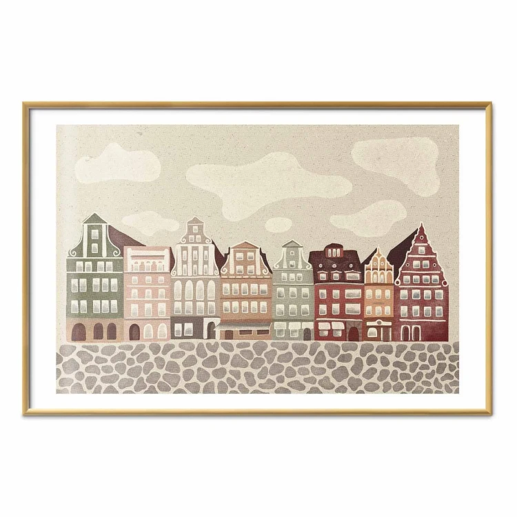 Plakat - Kolorowe Fasady - zabytkowe wrocławskie kamienice na tle nieba i brukowanej uliczki