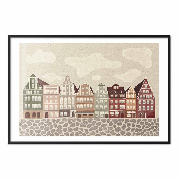 Plakat - Kolorowe Fasady - zabytkowe wrocławskie kamienice na tle nieba i brukowanej uliczki