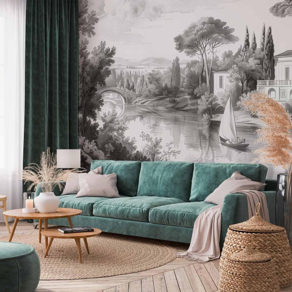 Fototapeta - Czarno-biały pejzaż vintage retro widok na staw z łódką