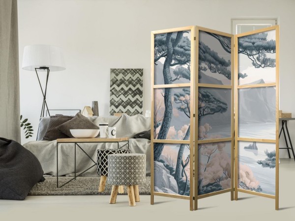 Parawan japoński - Górzyste wybrzeże z drzewami i skałami - w lekkich pastelowych błękitach