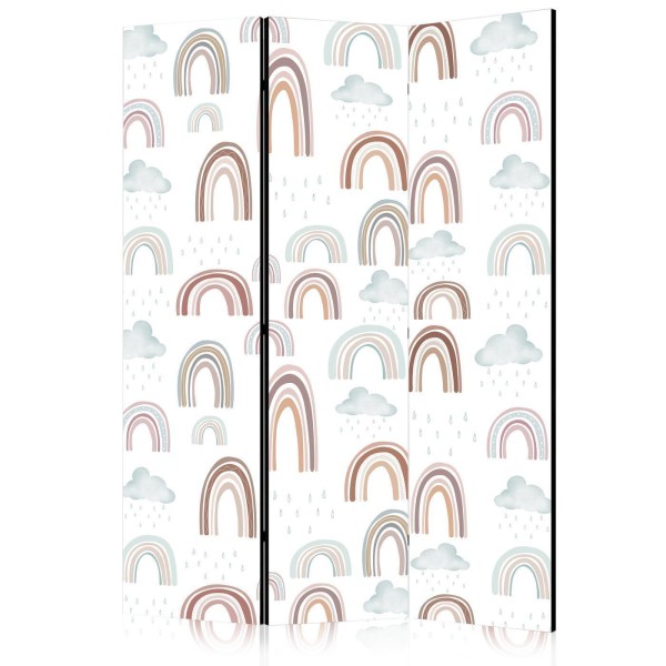 Parawan - Tęcze i chmury - Tęcze rozmaitych wielkości w stonowanej kolorystyce pośród deszczowych chmur w odcieniu blado-niebieskim