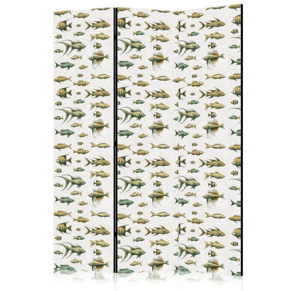 Parawan - Niezwykłe gatunki ryb - Gromada ryb w stonowanej kolorystyce w stylu retro na tle z beżowych kreseczek