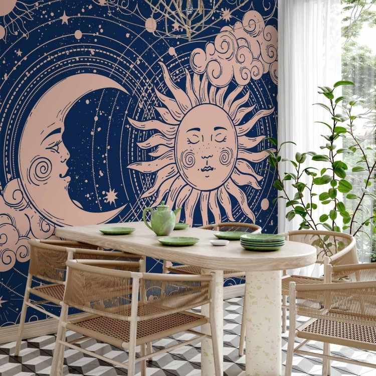 Fototapeta - Kosmiczna Harmonia - ilustracja słońca i księżyca na granatowym tle