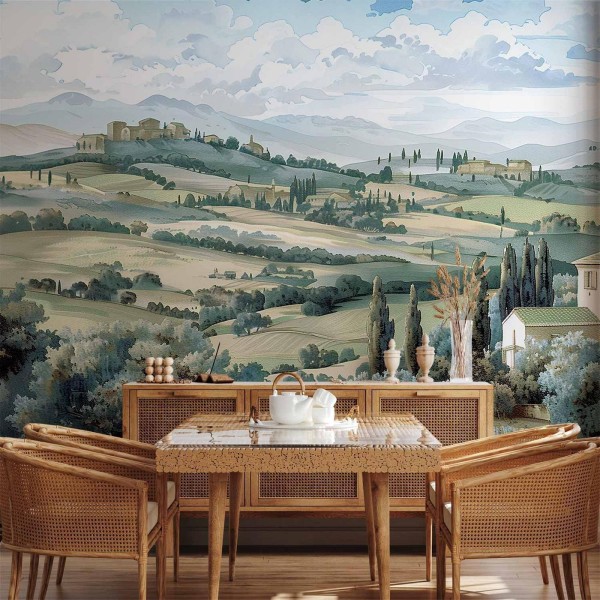 Fototapeta - Pejzaż z zielonymi polami i drzewami toskański słoneczny widok