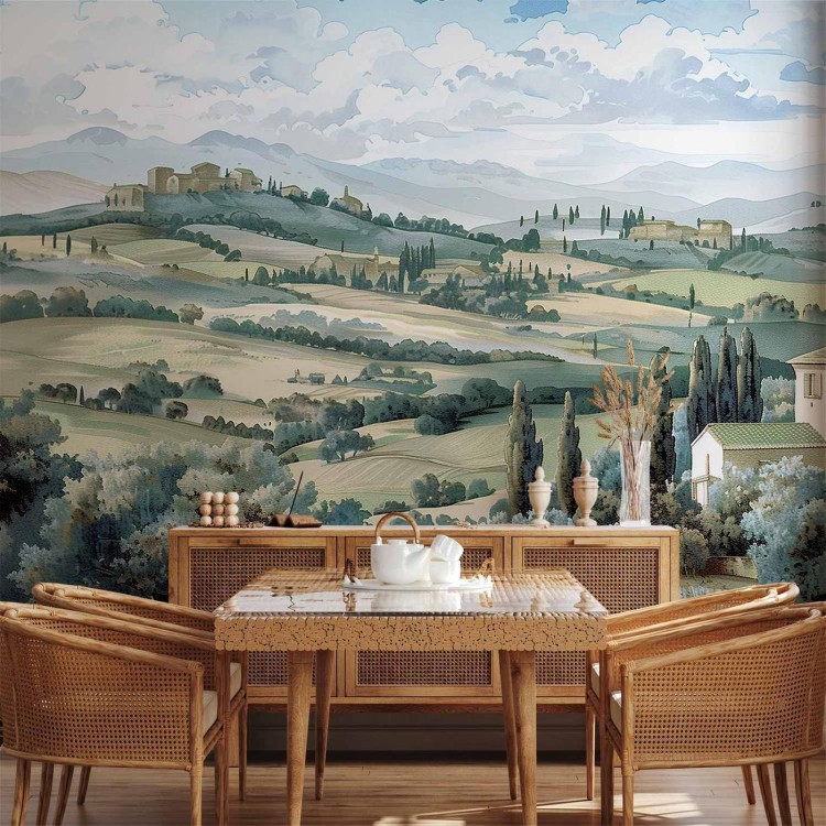 Fototapeta - Pejzaż z zielonymi polami i drzewami toskański słoneczny widok