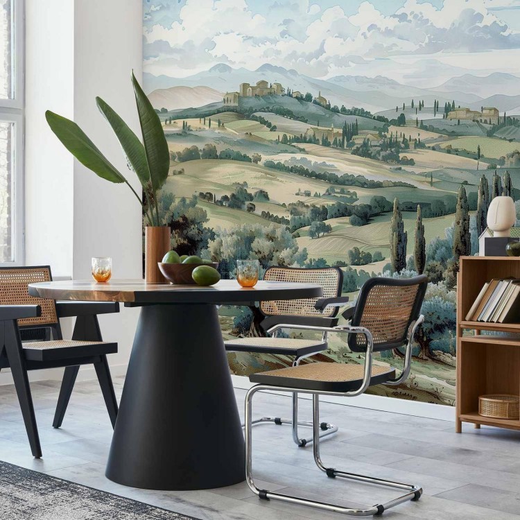 Fototapeta - Pejzaż z zielonymi polami i drzewami toskański słoneczny widok