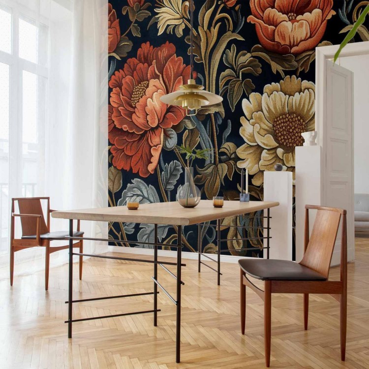 Fototapeta - Gobelinowe wielkie kwiaty retro motyw florystyczny w stylu kilimu